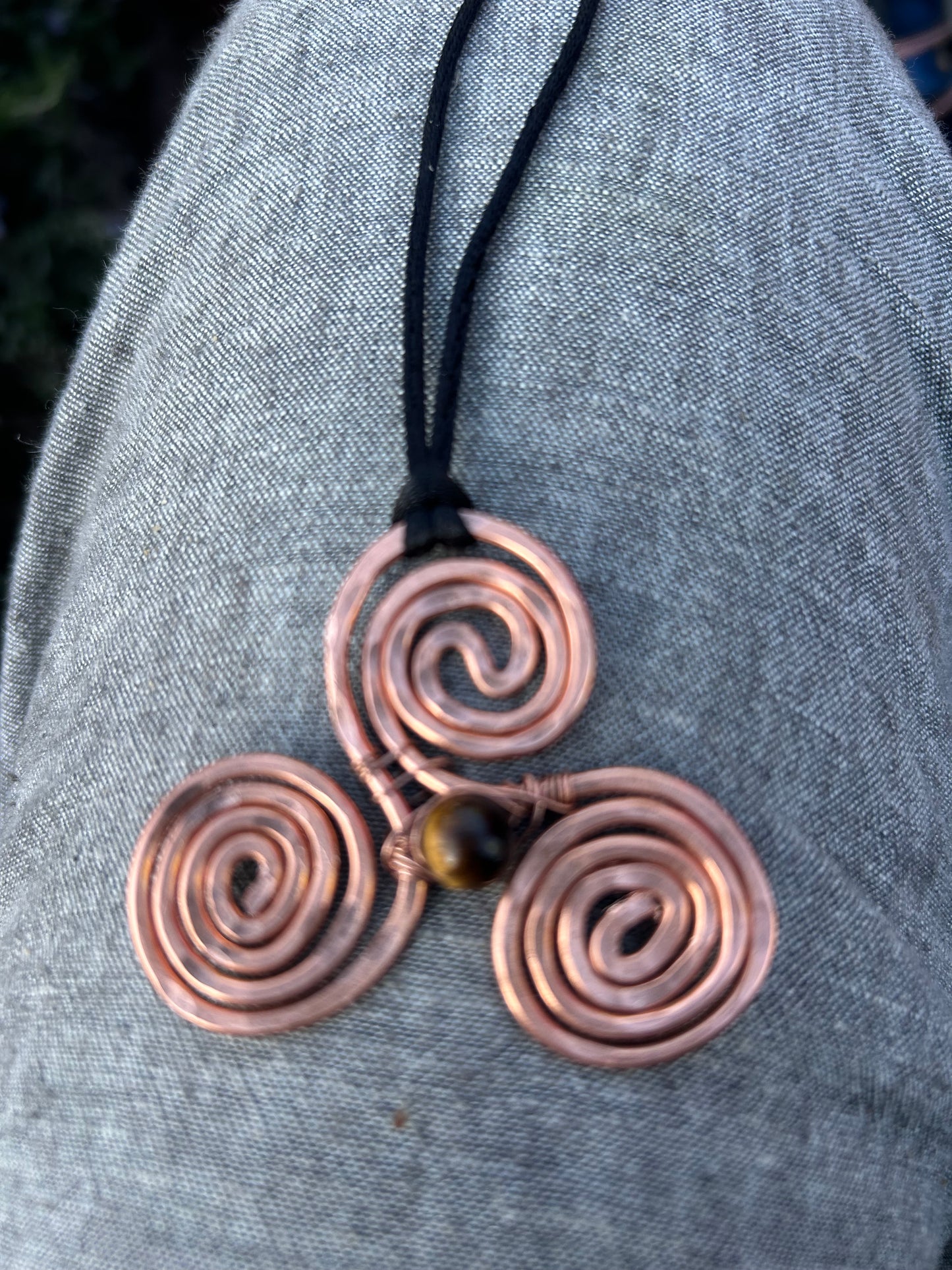Tigers eye, triple spiral copper vortex pendant 