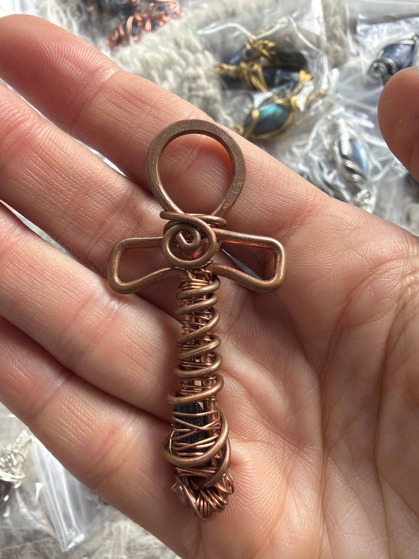 copper Egyptian Ankh pendant with Jasper and ￼black tourmaline ￼