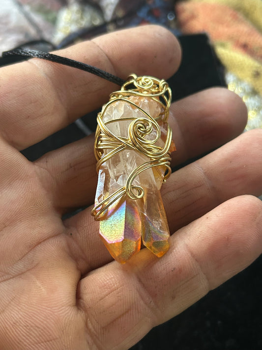 Tangerine quartz, crystal cluster pendant ￼