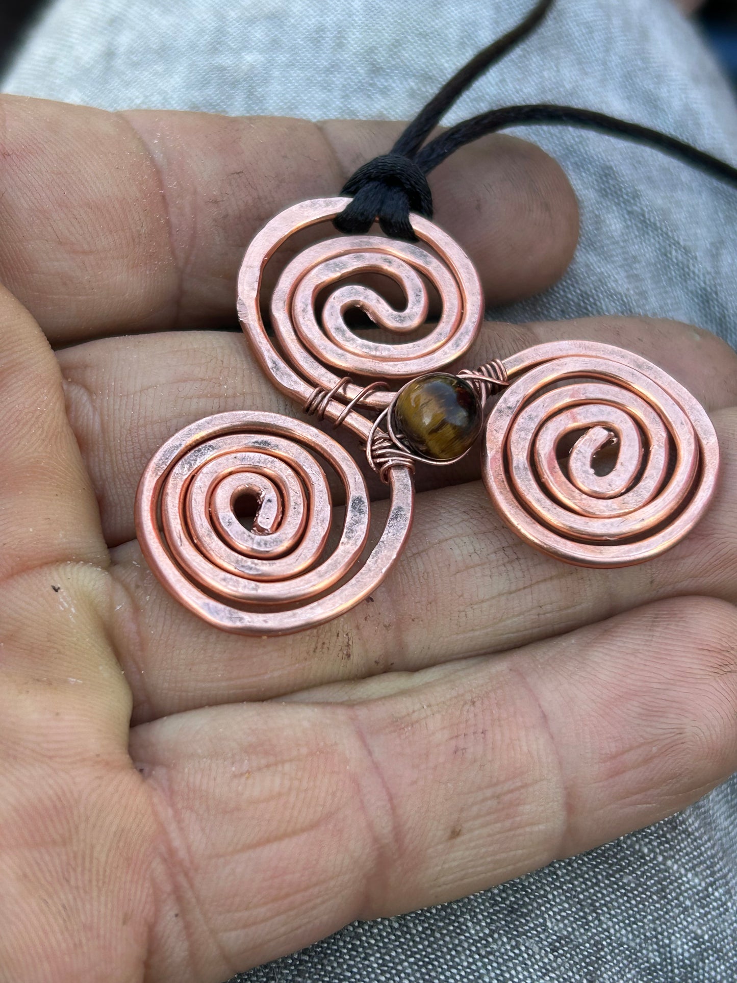 Tigers eye, triple spiral copper vortex pendant ￼