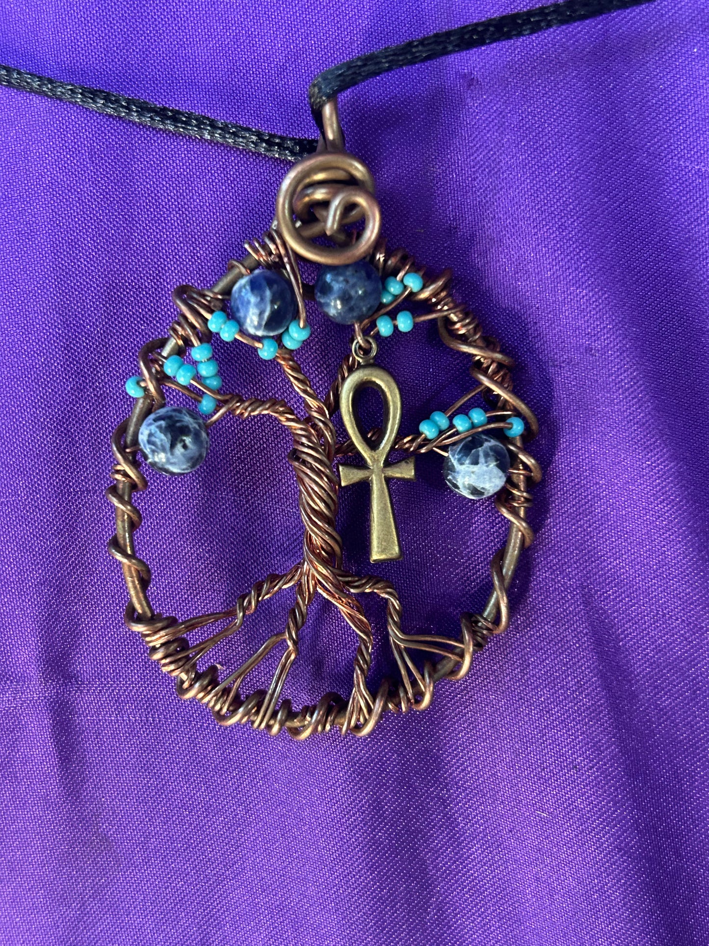 Gemstone and copper tree of life pendant With an Egyptian Ankh