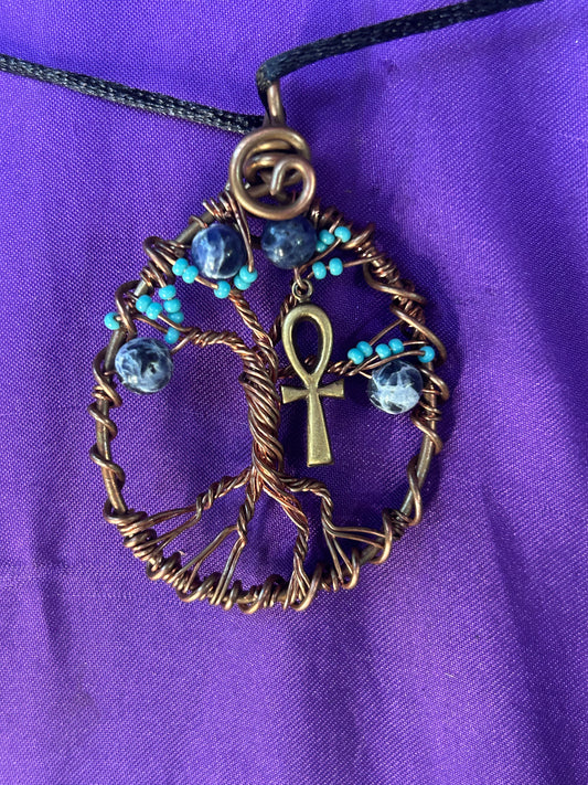 Gemstone and copper tree of life pendant With an Egyptian Ankh