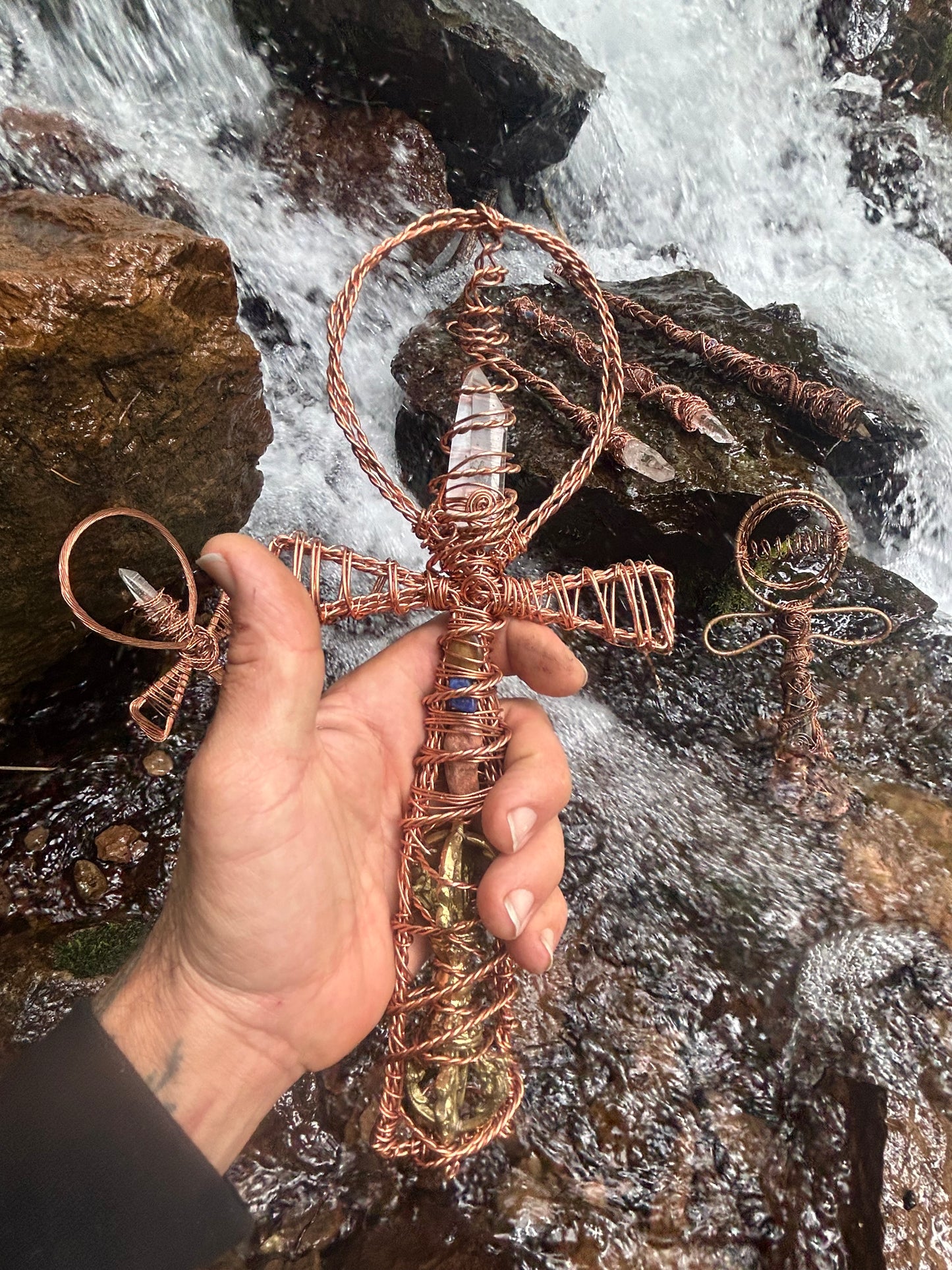 Lemurian wand ankh with a thunderbolt handle