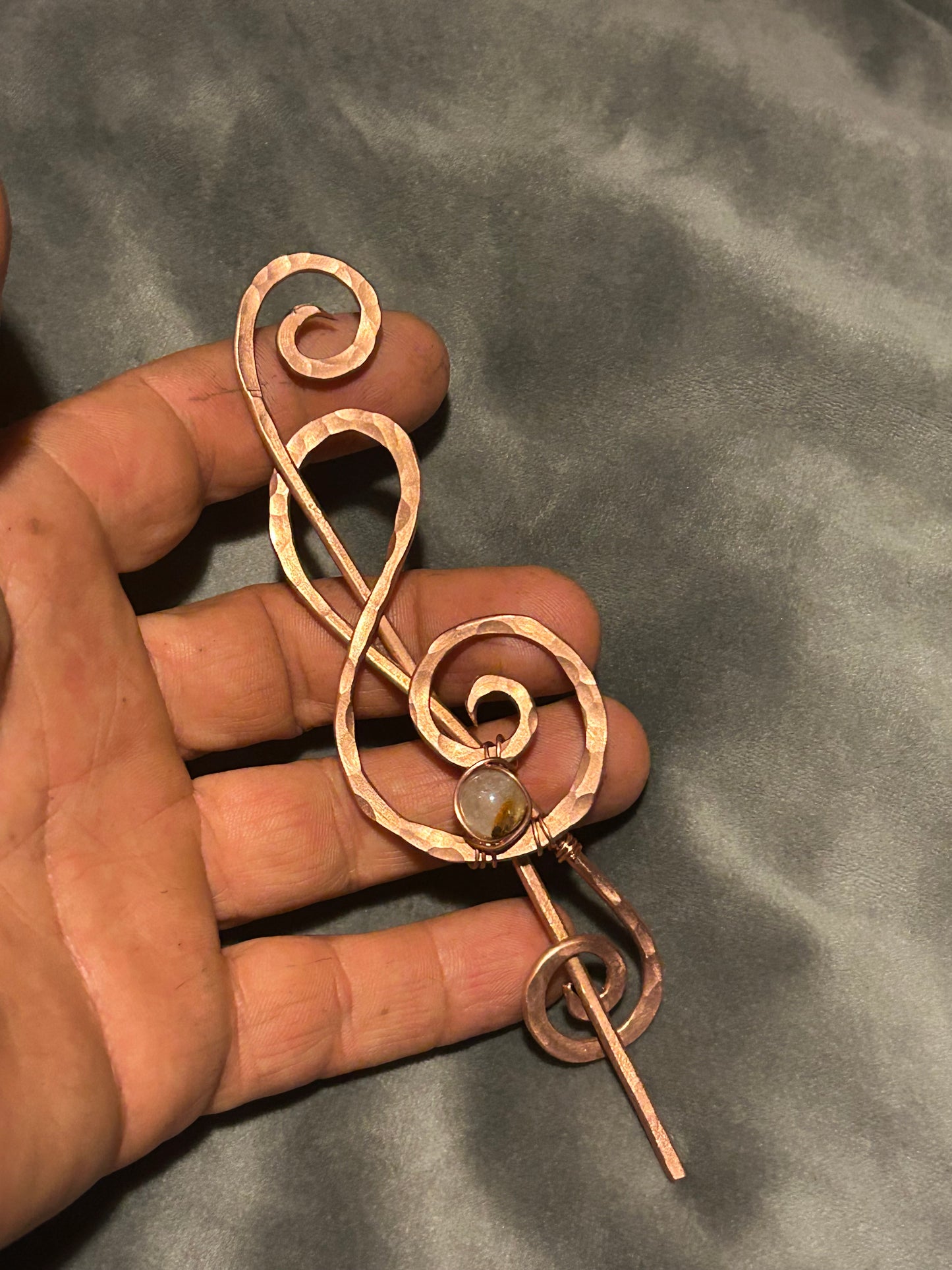 Hand pounded copper Treble Clef Hair Barrette – Large Handmade Music Note Hair Slide | Optional Gemstones | Shawl or Scarf Pin