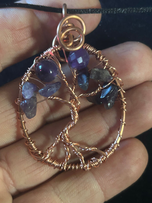 Copper amethyst gemstone tree of life pendant