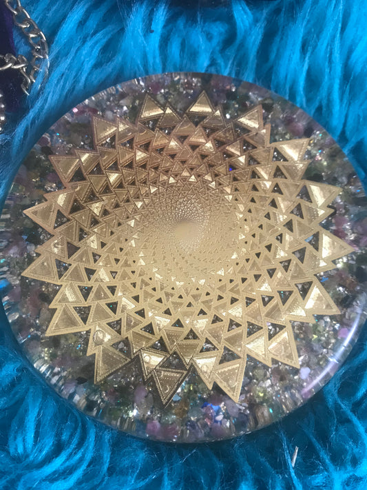 Tourmaline gold plated sacred geometry charging coaster