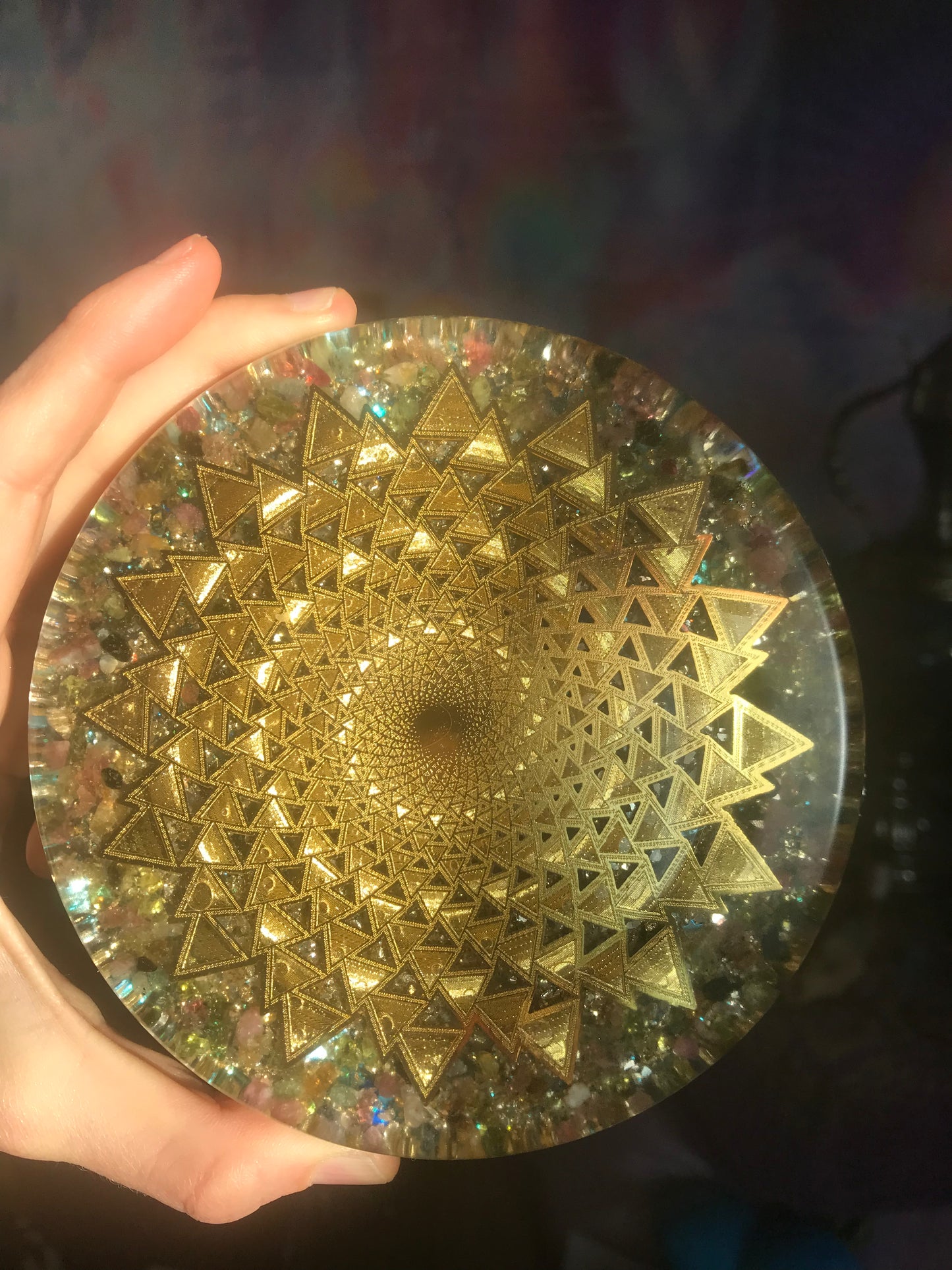 Tourmaline gold plated sacred geometry charging coaster