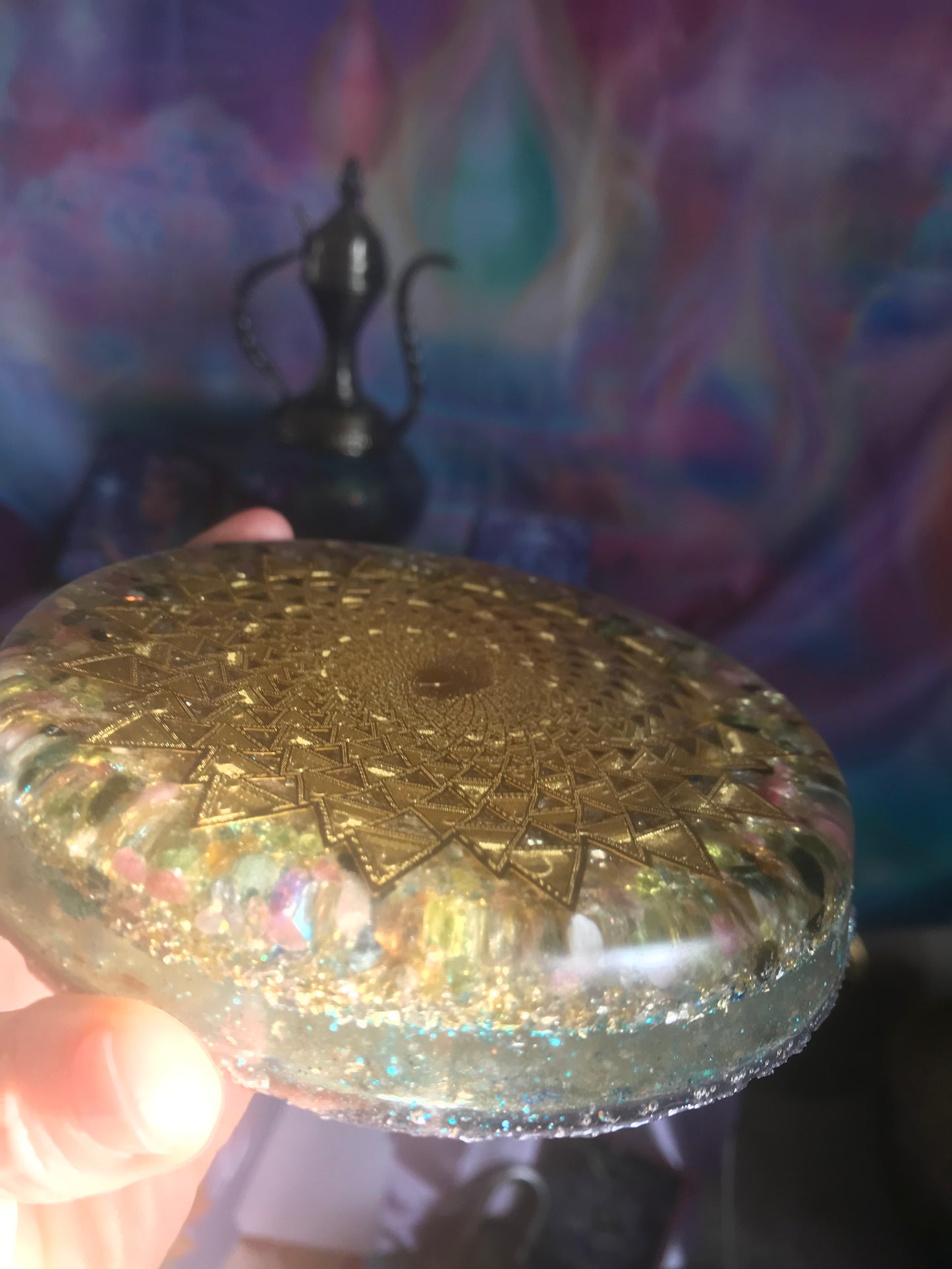 Tourmaline gold plated sacred geometry charging coaster