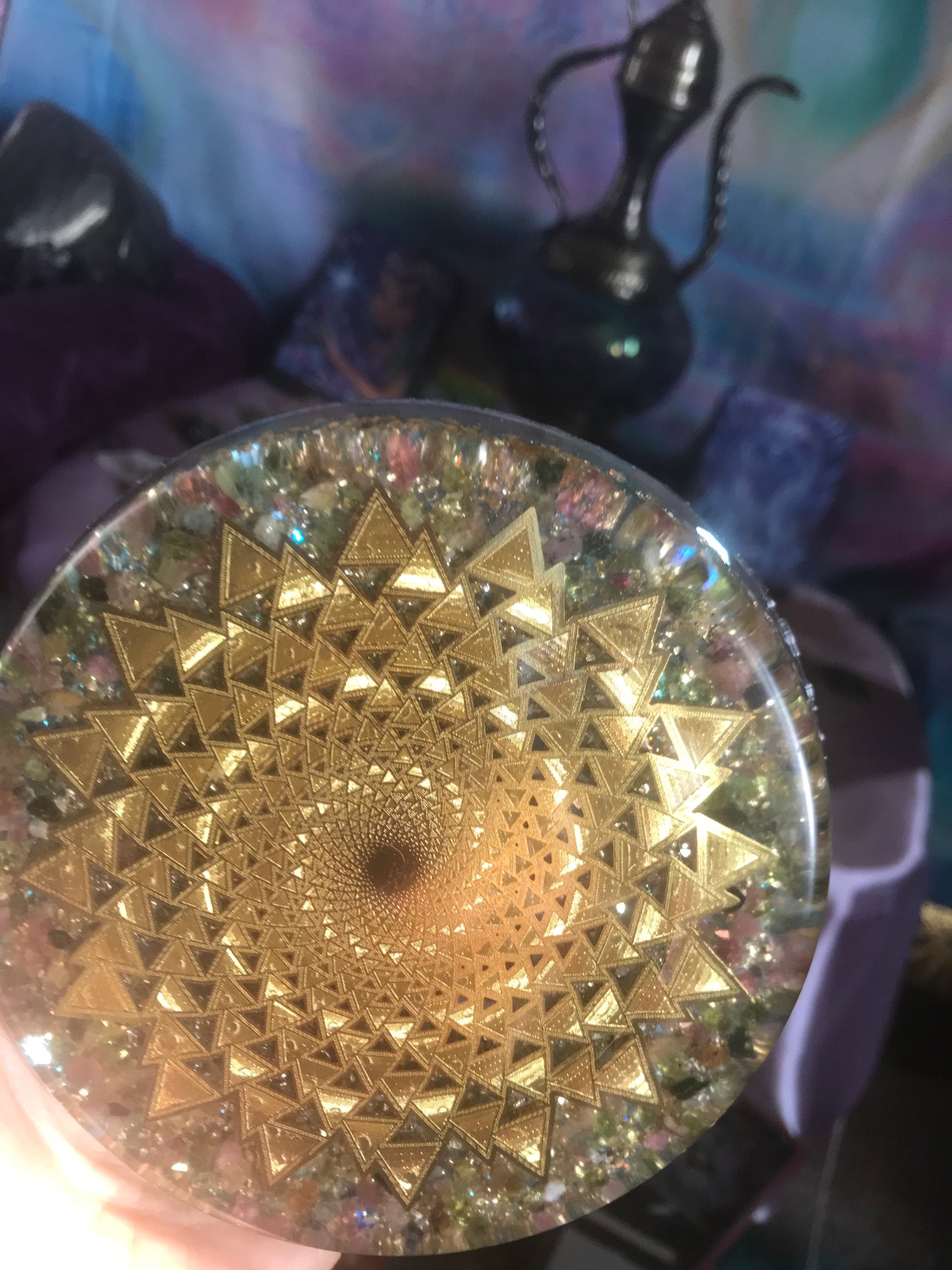 Tourmaline gold plated sacred geometry charging coaster